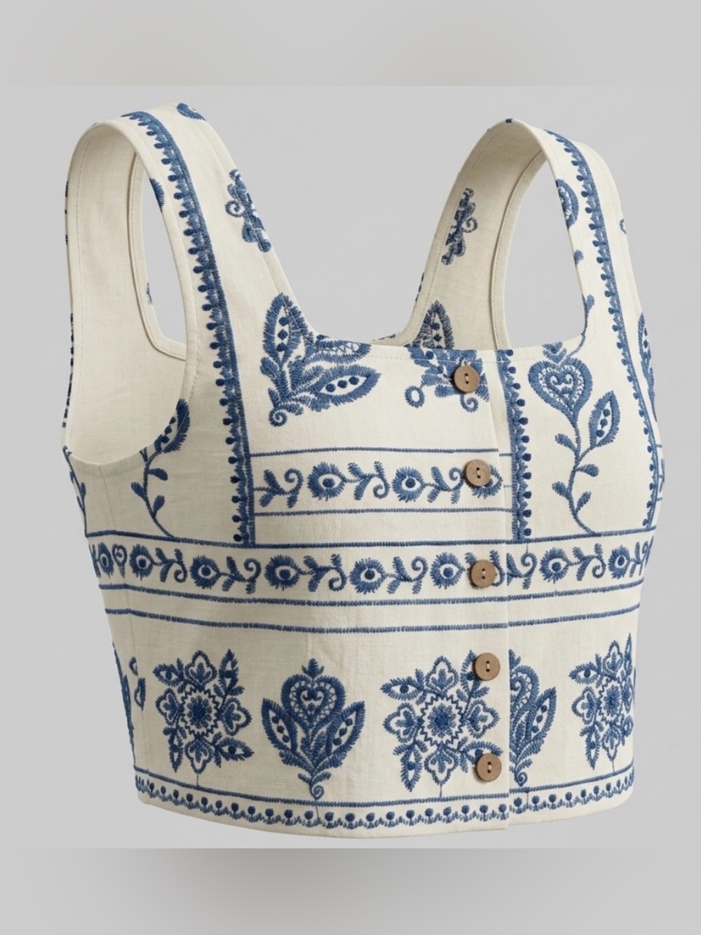 JOIE Embroidered Crop Top Size M Cream Blue Linen Blend Boho Button Front Tank